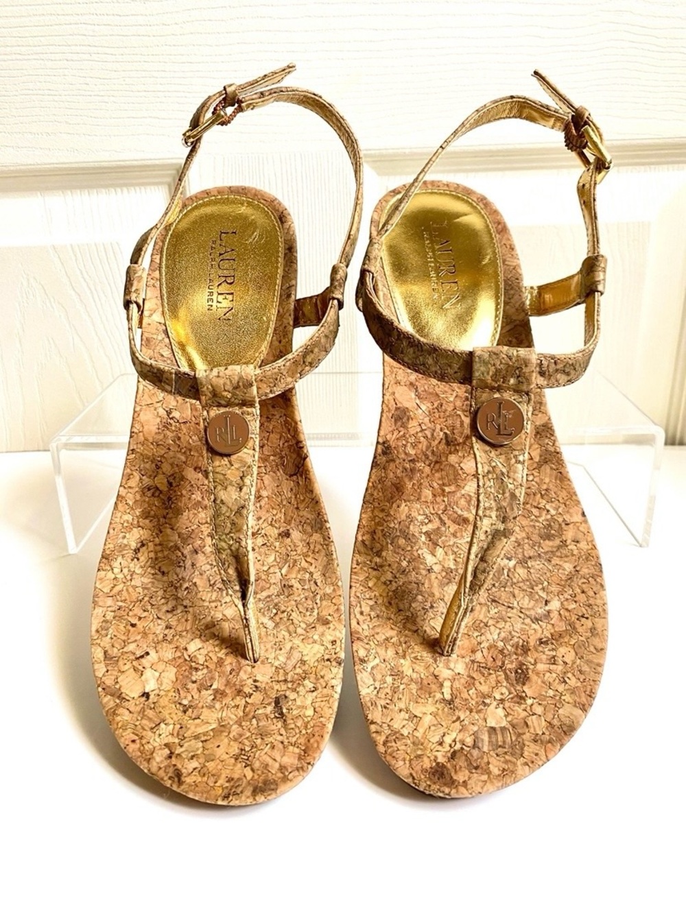 Lauren Ralph Lauren Reeta Cork T-Strap Wedge Sandals with Gold Accents SZ 9.5B